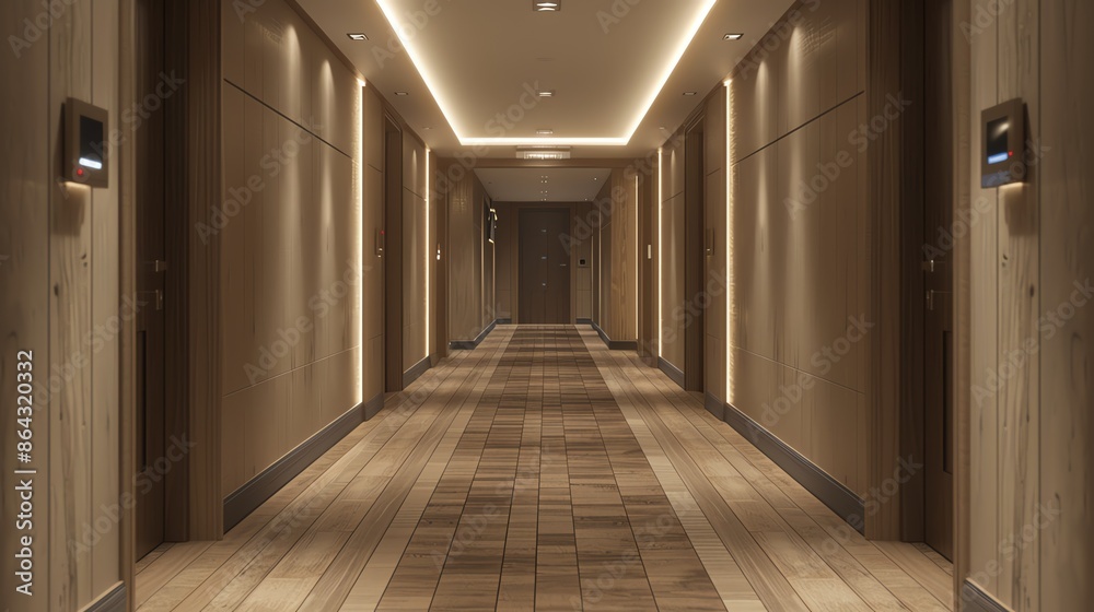 Hallway featuring wood paneling, earthy tones, and prairiestyle lighting Hallway featuring wood paneling, earthy tones, and prairiestyle lighting