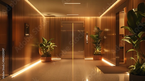 Hallway featuring wood paneling, earthy tones, and prairiestyle lighting photo