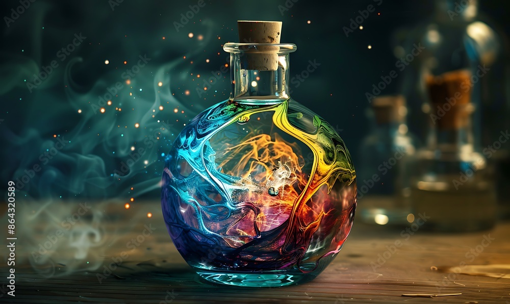 A magical flask with vibrant colors swirling inside, depicting a captivating chemical reaction A magical flask with vibrant colors swirling inside, depicting a captivating chemical reaction