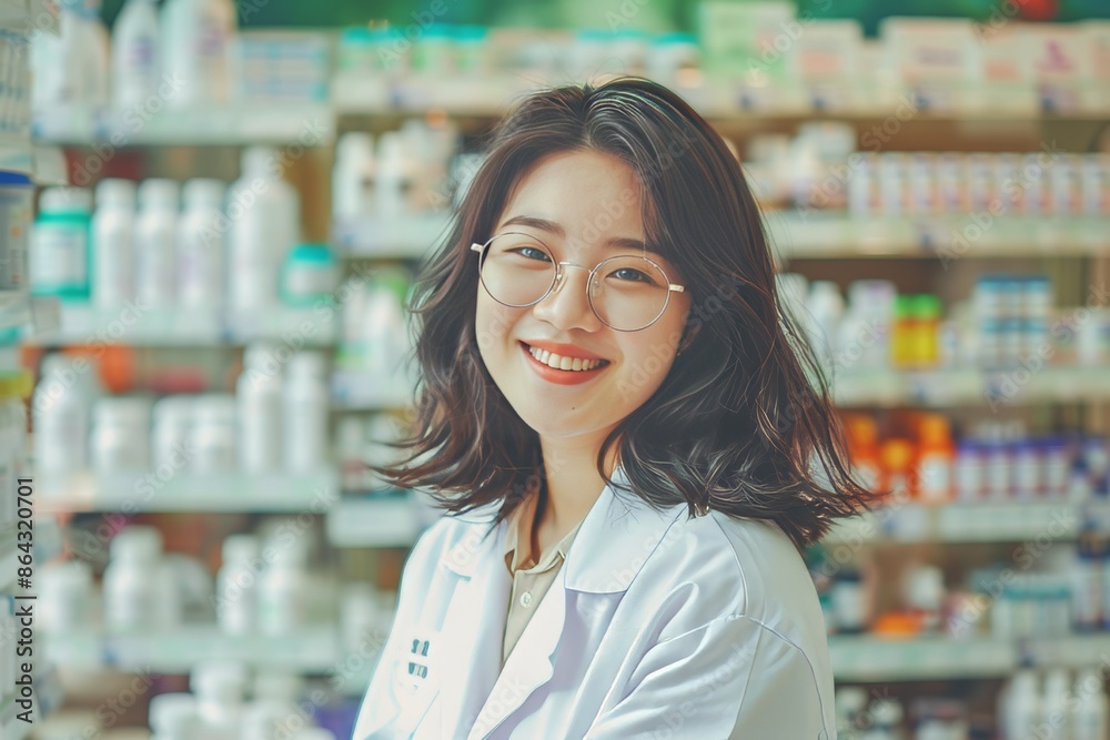 smiling female pharmacist against the background of pharmacy shelves with medicines smiling female pharmacist against the background of pharmacy shelves with medicines
