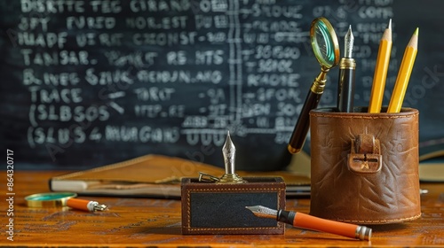 A back-to-school theme with a blackboard listing historical dates, and a classic leather pencil-box with fountain pens and a magnifying glass on an oak teachera??s desk. photo