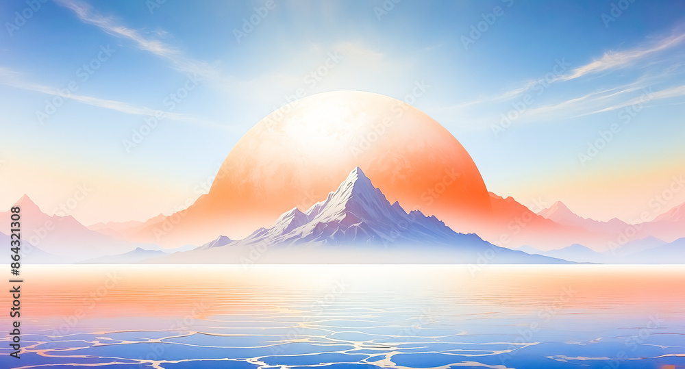 Obraz premium Majestic Mountain Range with a Glowing Celestial Body in the Sky
