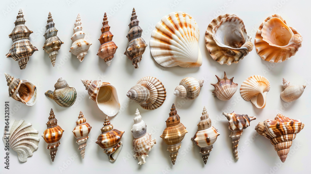 A neatly arranged collection of about 30 sea shells of various shapes, sizes, and colors, ranging from spiral to fan-shaped, set against a plain backdrop. A neatly arranged collection of about 30 sea shells of various shapes, sizes, and colors, ranging from spiral to fan-shaped, set against a plain backdrop.