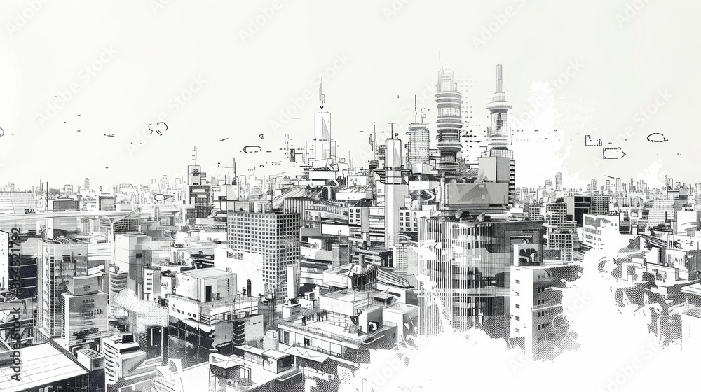 Monochrome Sketched Cityscape with Futuristic Elements