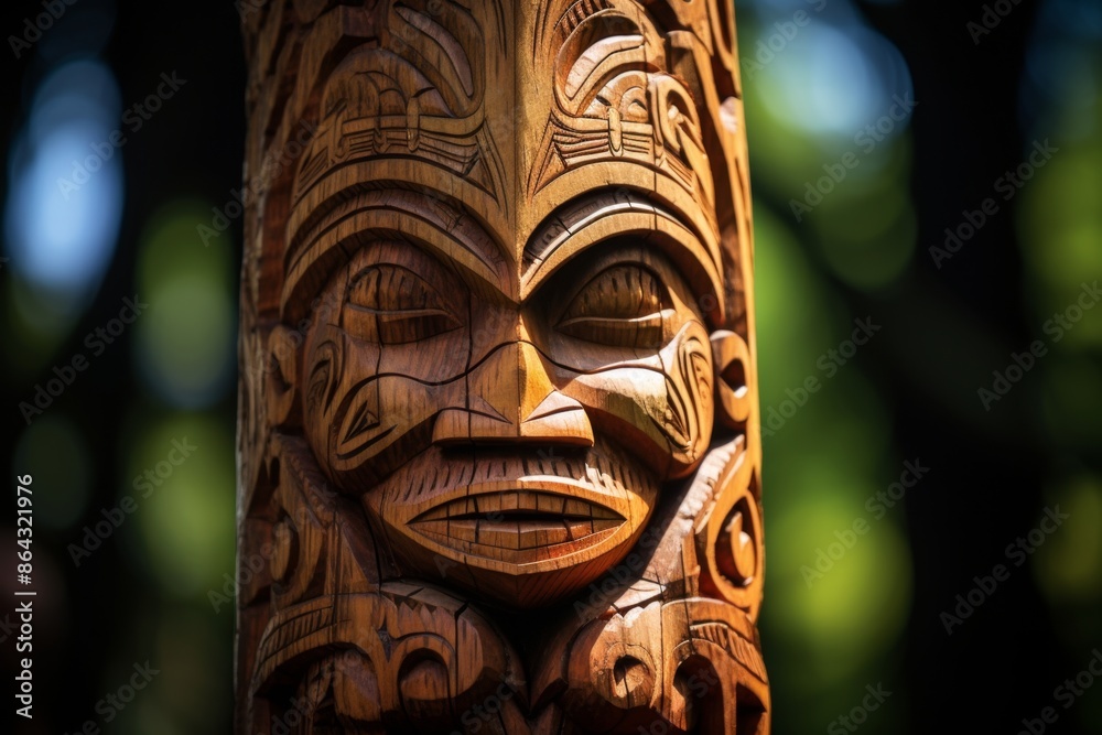 Close-up of a traditional wooden totem pole with intricate carvings. Indigenous Peoples Day Close-up of a traditional wooden totem pole with intricate carvings. Indigenous Peoples Day