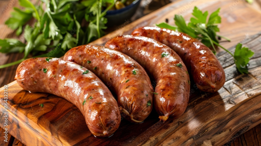 Grilled sausages on a plate garnished with parsley. Grilled sausages on a plate garnished with parsley.
