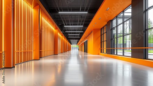 Modern corporate hallway with Brutalist detailing and contemporary lighting photo