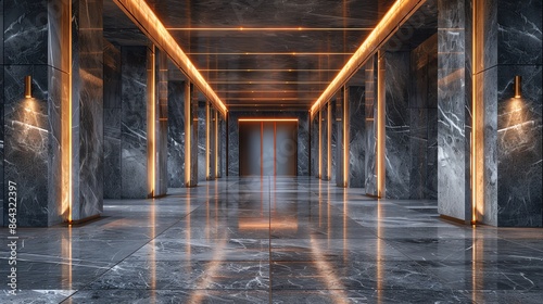 Modern corporate hallway with Brutalist detailing and contemporary lighting