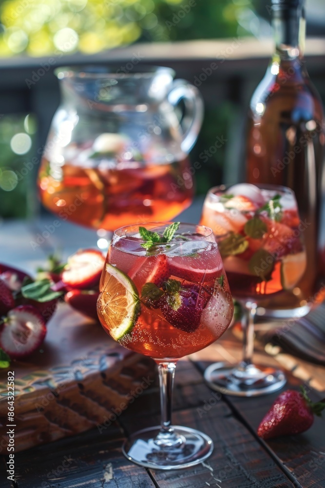 Glasses and pitcher of strawberry sangria with lime and mint on outdoor table.
