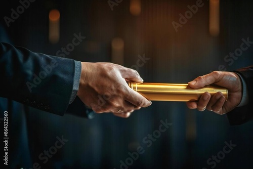 close-up photo of a businessman passing a golden relay baton to his colleague, symbolizing teamwork and continuous support in the business world. photo