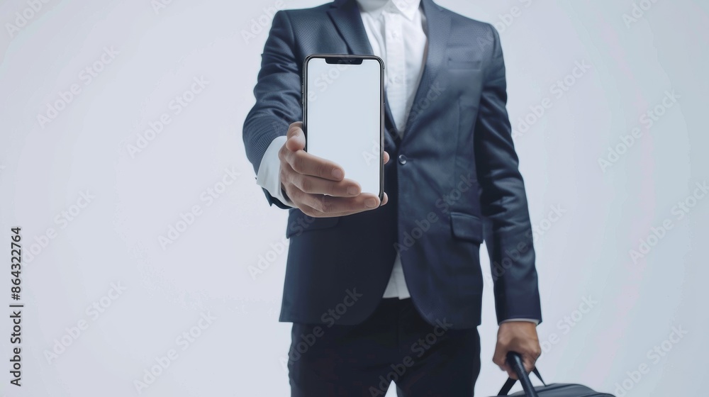 Young businessman booking a business trip online with a 3D mobile phone model. Young businessman booking a business trip online with a 3D mobile phone model.