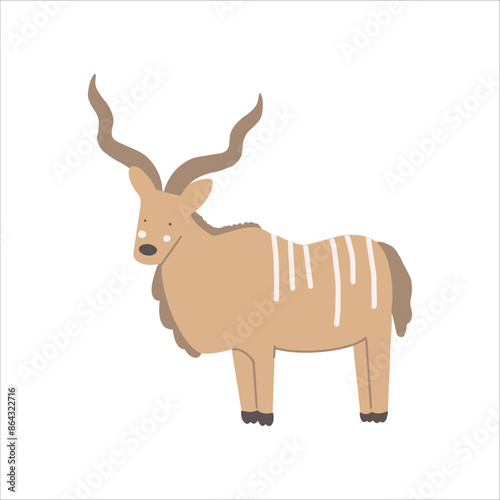 Funny childish and cute mountain nyala or balbok  character, hand drawn vector illustration.  Safari and zoo animal