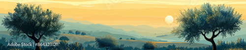 Scenic view of sunlit olive trees on gentle rolling hills, capturing the serene beauty of a Mediterranean landscape. Generative ai vector illustration. Pop art comic book style imitation