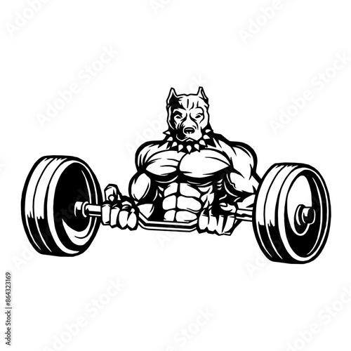 Muscular pit bull bodybuilder with barbell, vector, logo, cartoon, illustration, mascot, character