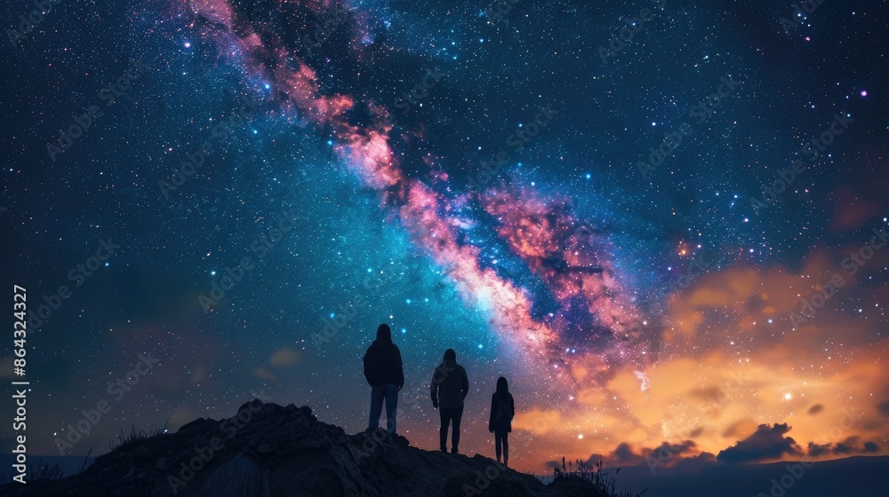 Three figures stand silhouetted against a breathtaking night sky, awestruck by the Milky Way's majestic glow. Three figures stand silhouetted against a breathtaking night sky, awestruck by the Milky Way's majestic glow.