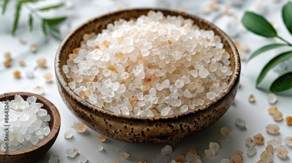 Closeup coarse or rock natural sea salt in brown bowl isolated on white background. Clipping path. Top view. 
