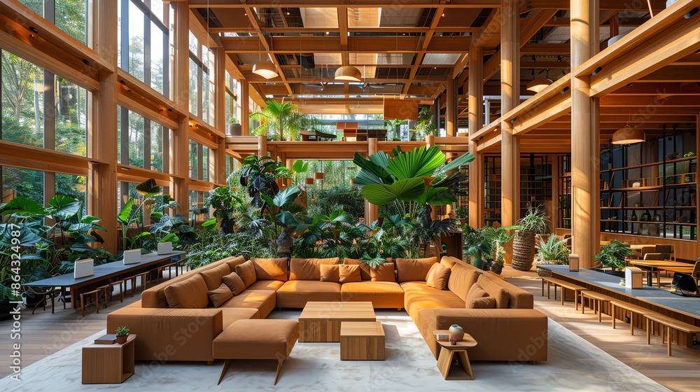 Sustainable Green Architecture corporate lounge with organic textiles and ecofriendly decor Sustainable Green Architecture corporate lounge with organic textiles and ecofriendly decor