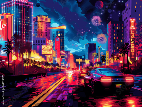 Dynamic city street illuminated by neon lights, featuring skyscrapers, fireworks, and a sleek car driving under the night sky. Generative ai vector illustration. Pop art comic book style imitation