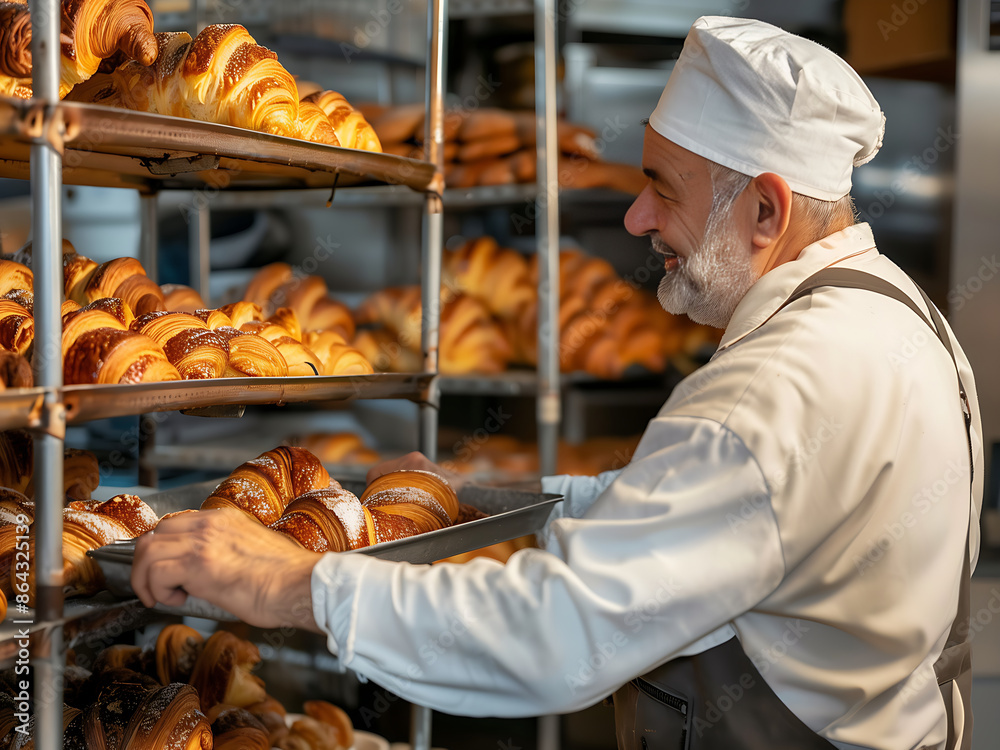 The old man baker is pulling metal trays full of freshly croissants from shelves in a bread kitchen The old man baker is pulling metal trays full of freshly croissants from shelves in a bread kitchen