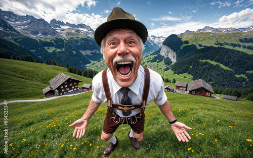 Ein fröhlicher Mann in traditionellen Tiroler Lederhosen und Hosenträgern jodelt auf einer blühenden Alpenwiese. photo