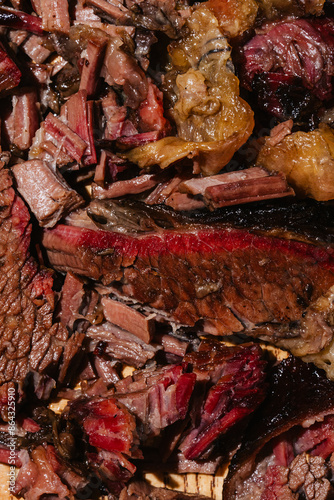 Close-up of succulent barbecue brisket showcasing textures photo