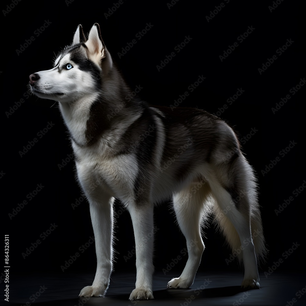 Siberian Husky and Alaskan Malamute dogs, including a Siberian Husky puppy, posing together in a portrait Siberian Husky and Alaskan Malamute dogs, including a Siberian Husky puppy, posing together in a portrait
