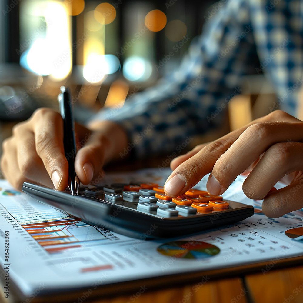 Fototapeta premium accountant working on desk using calculator, generative ai