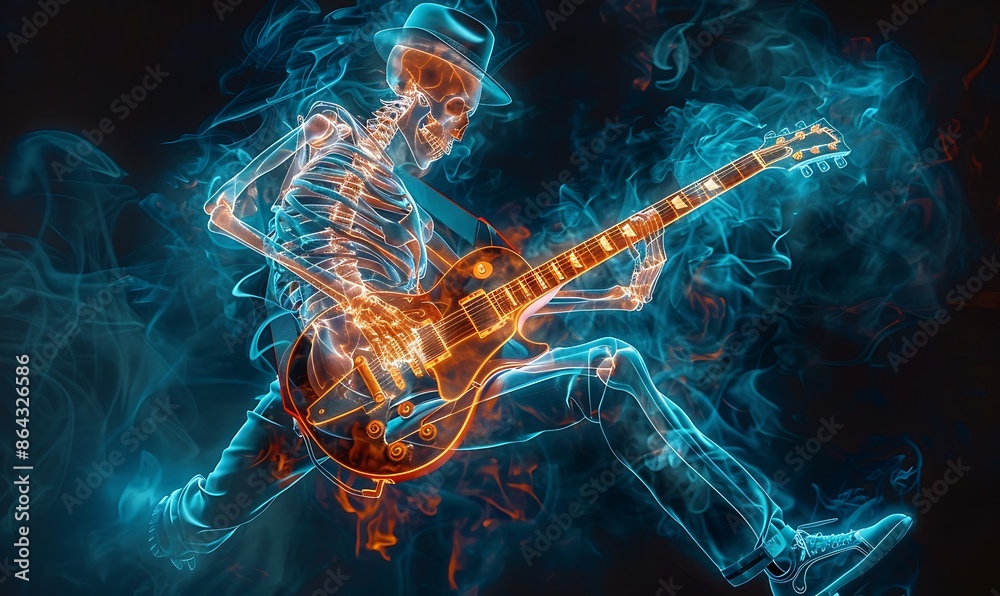 A striking image of a guitarist outlined in blue with an orange x-ray skeleton, set against a dark background A striking image of a guitarist outlined in blue with an orange x-ray skeleton, set against a dark background