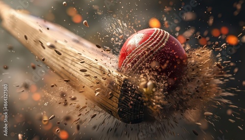 Closeup of cricket bat hitting the ball, photorealistic, detailed impact photo