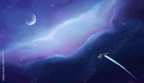 Fototapeta Naklejka Na Ścianę i Meble -  Space background. Spaceship fly to planet in blue and violet nebula with starfield. Elements furnished by NASA. 3D rendering