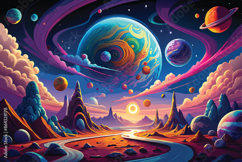  Celestial mesmerizing journey through nebulae and galaxies of infinite cosmos. vector art illustration.AI GENERATED