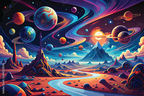  Celestial mesmerizing journey through nebulae and galaxies of infinite cosmos. vector art illustration.AI GENERATED