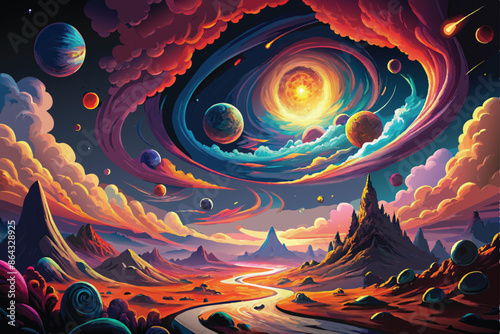  Celestial mesmerizing journey through nebulae and galaxies of infinite cosmos. vector art illustration.AI GENERATED