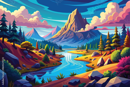  nature landscape river background suitable vector illustration. AI GENERATED