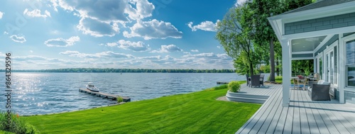 lakefront house with a white porch and gray walls, green grass near the deck and a small dock on the side, view from the backyard showing the water with calm waves Generative AI