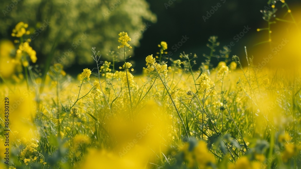 Obraz premium Field with partially blooming rapeseed
