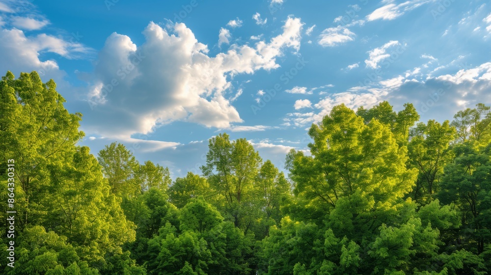 Green trees bathed in sunlight, highlighting the lush foliage and bright blue sky Green trees bathed in sunlight, highlighting the lush foliage and bright blue sky