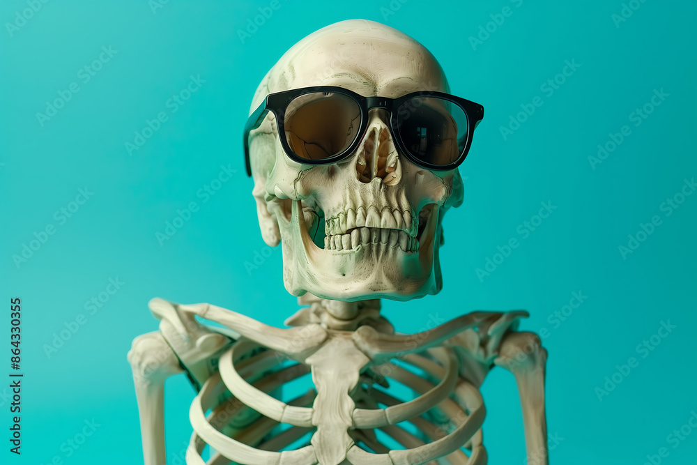 Skeleton wearing sunglasses on turquoise background, quirky and humorous, stylish skeletal figure, fun and creative, playful visual, unique concept, humorous decor, trendy skeleton
Skeleton wearing sunglasses on turquoise background, quirky and humorous, stylish skeletal figure, fun and creative, playful visual, unique concept, humorous decor, trendy skeleton