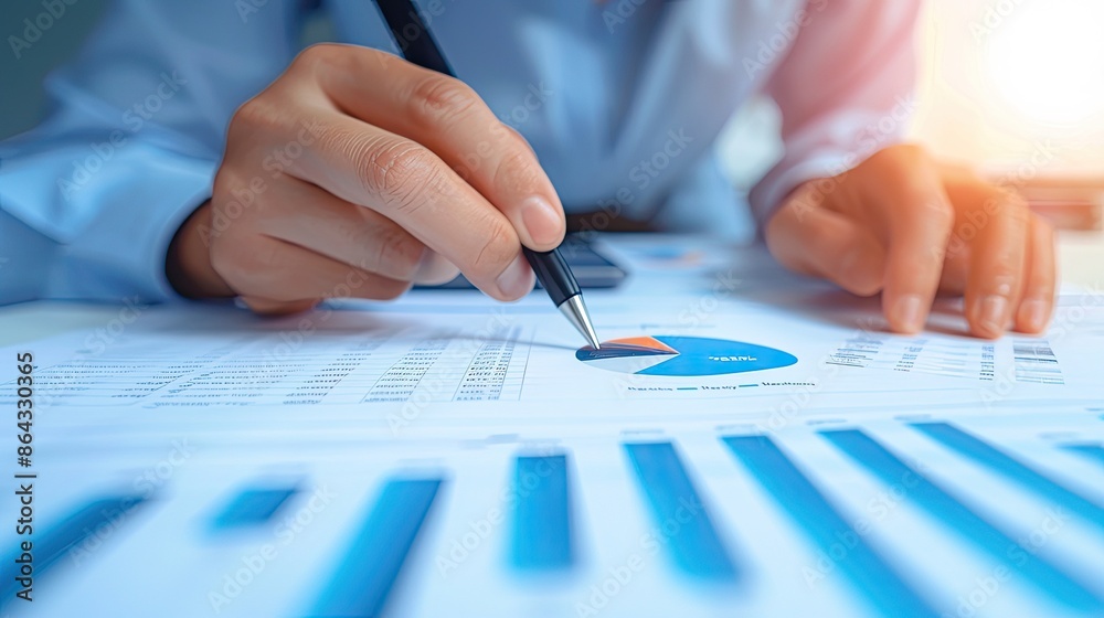 Business professional analyzing financial reports and graphs, focusing on data-driven decisions and performance evaluation. Business professional analyzing financial reports and graphs, focusing on data-driven decisions and performance evaluation.