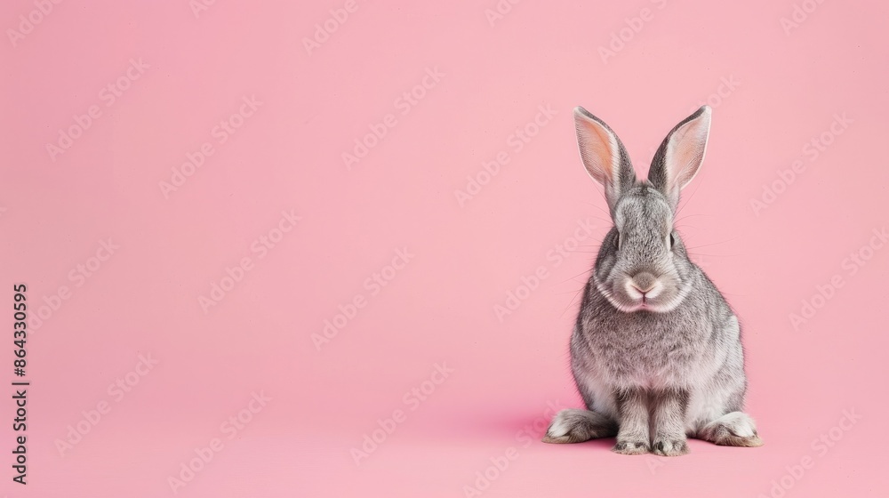 Obraz premium Cute rabbit sitting against a pink background, staring directly at the camera, showcasing its adorable features and fluffy fur.