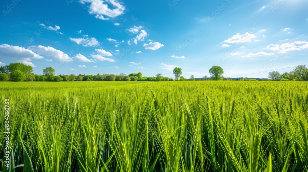 Obraz premium Vibrant green wheat field under a clear blue sky in spring