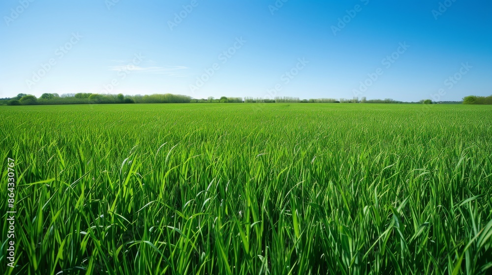 Vibrant green wheat field under a clear blue sky in spring Vibrant green wheat field under a clear blue sky in spring
