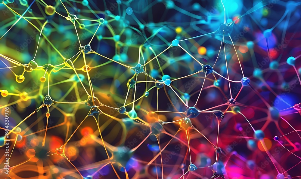 A visually complex web of interconnected nodes representing neural networks in vibrant colors A visually complex web of interconnected nodes representing neural networks in vibrant colors