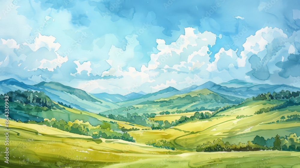 Fototapeta premium Beautiful watercolor painting of a serene landscape with rolling hills, vibrant greenery, and a bright sky with fluffy clouds.