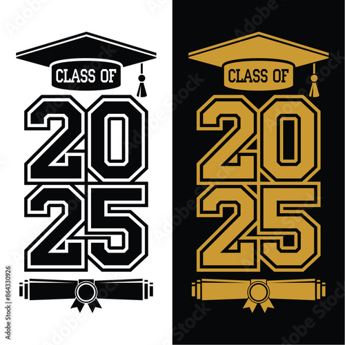 Lettering Class of 2025 for greeting, invitation card. Text for graduation design, congratulation event, T-shirt, party, high school or college graduate. Vector on transparent and black background