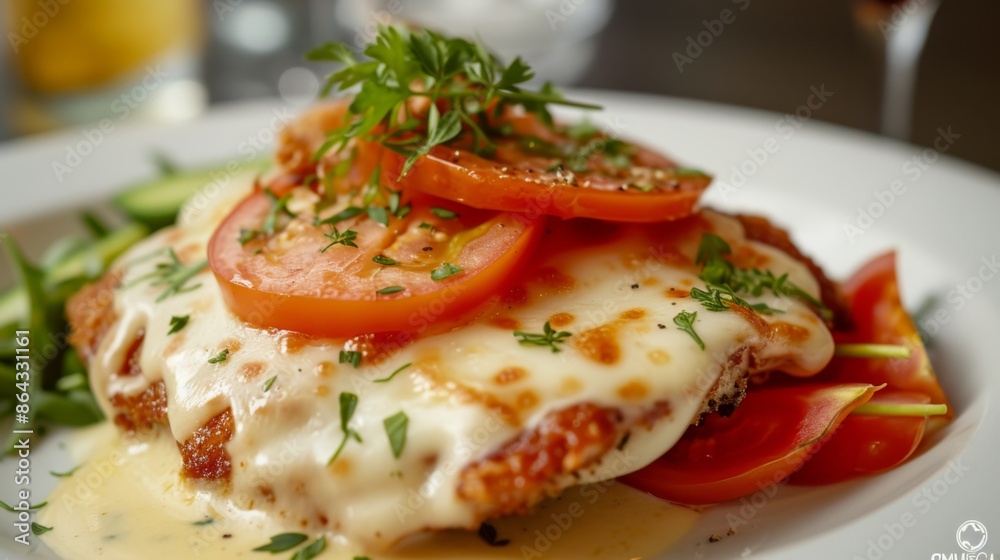 Plate of fried pork topped with melted cheese and slices of fresh tomato Plate of fried pork topped with melted cheese and slices of fresh tomato