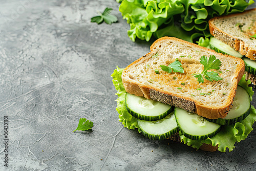 Delicious Avocado, Cucumber, and Lettuce Sandwich on Gray Background - Real Photo photo