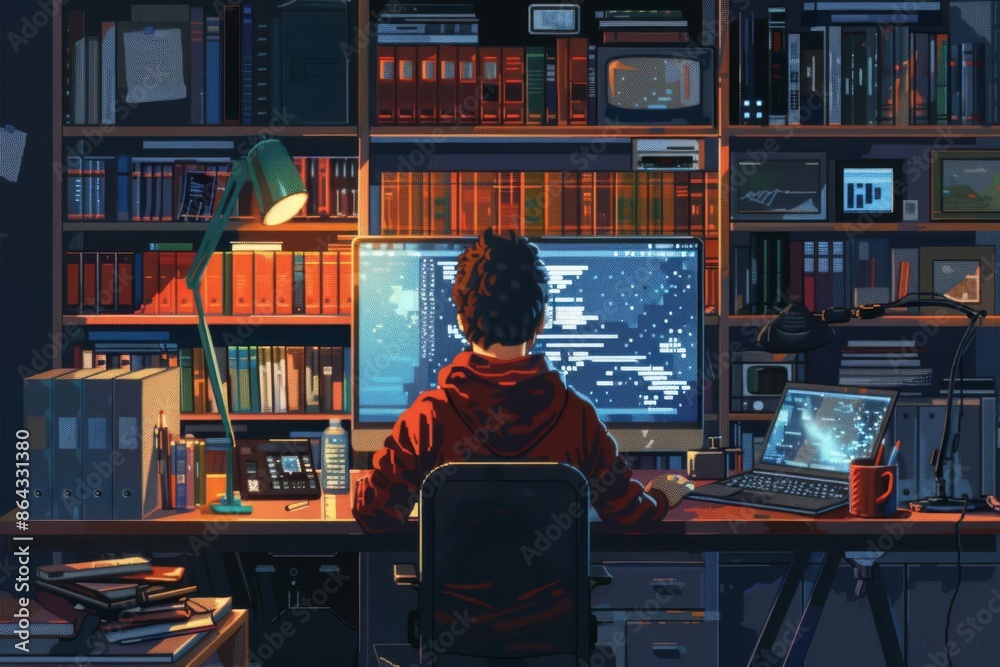 A programmer works late into the night in a cluttered home office, surrounded by screens, code, books, and various tech gadgets. A programmer works late into the night in a cluttered home office, surrounded by screens, code, books, and various tech gadgets.