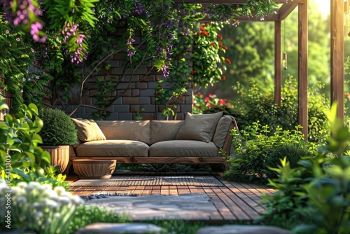 Armchair bench furniture exterior on the terrace patio garden. Green trees and relax yard. Backyard landscape. Sunny evening in a garden hotel or home porch outdoor. 3d rendering © Aqsa