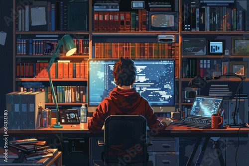 A programmer works late into the night in a cluttered home office, surrounded by screens, code, books, and various tech gadgets.